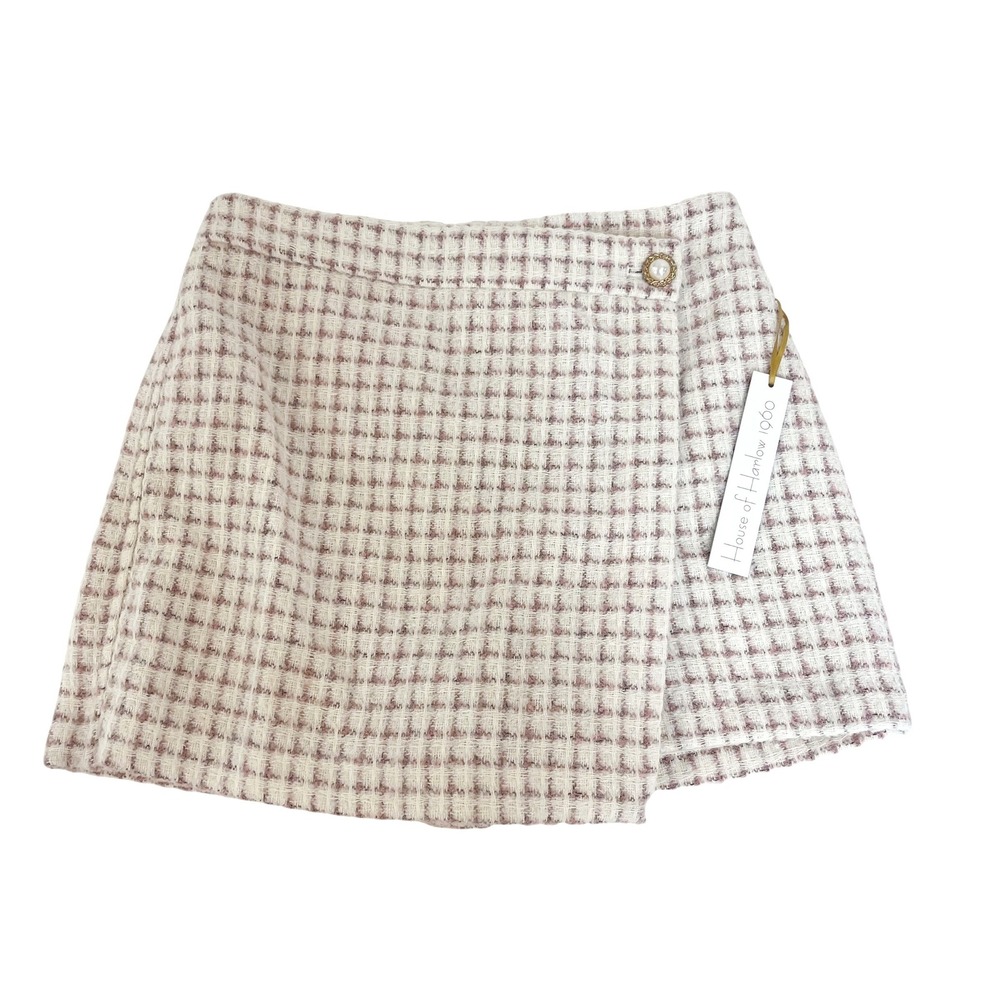 NEW House of Harlow 1960 Pink White Tweed Plaid Faux Wrap Skort Pearl Button XS